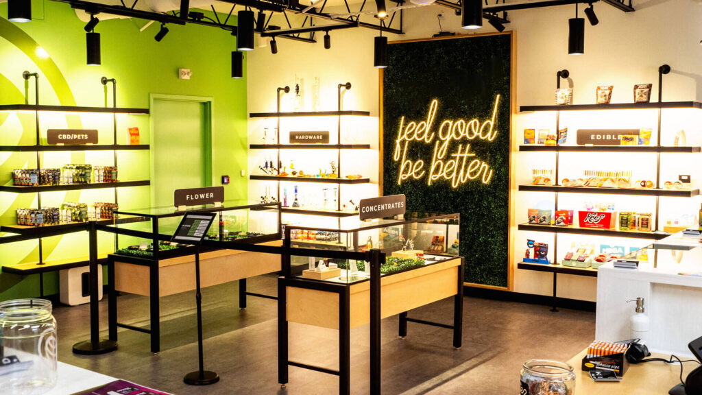 Feel Good Be Better neon sign in Kind Goods Dispensary