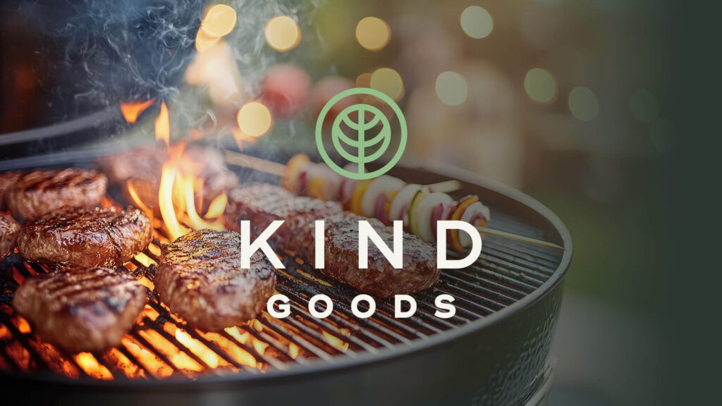 Burgers on a Grill with Kind Goods logo