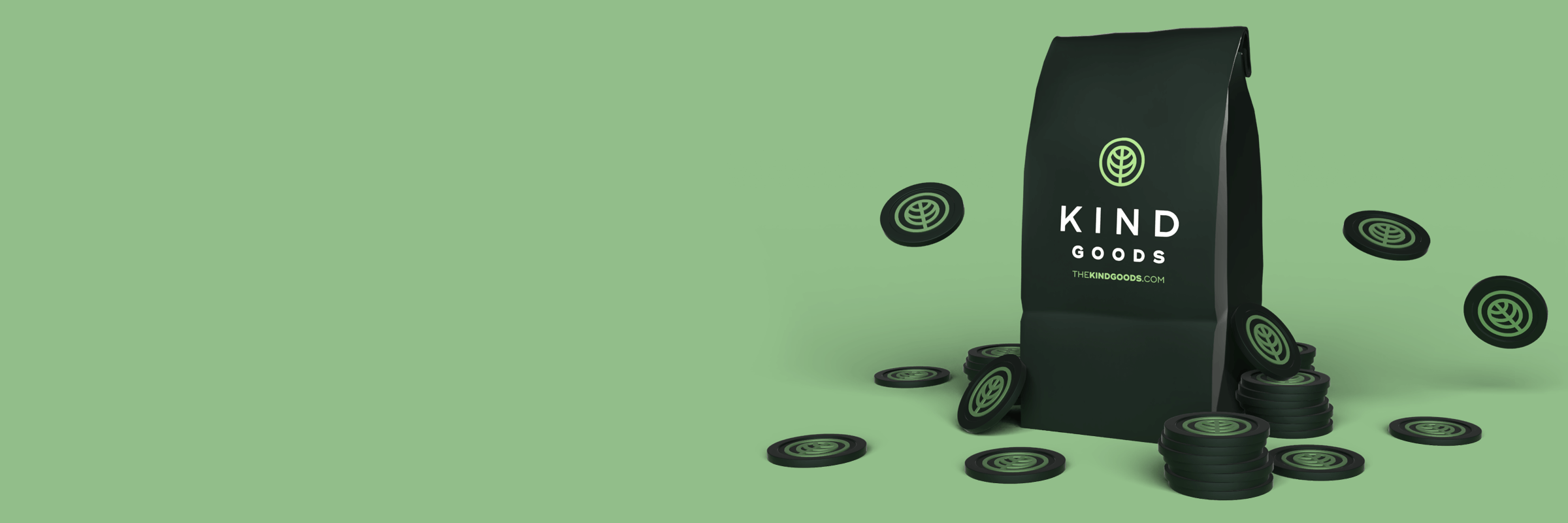 green Kind Good exit bag surrounded by kind good coins