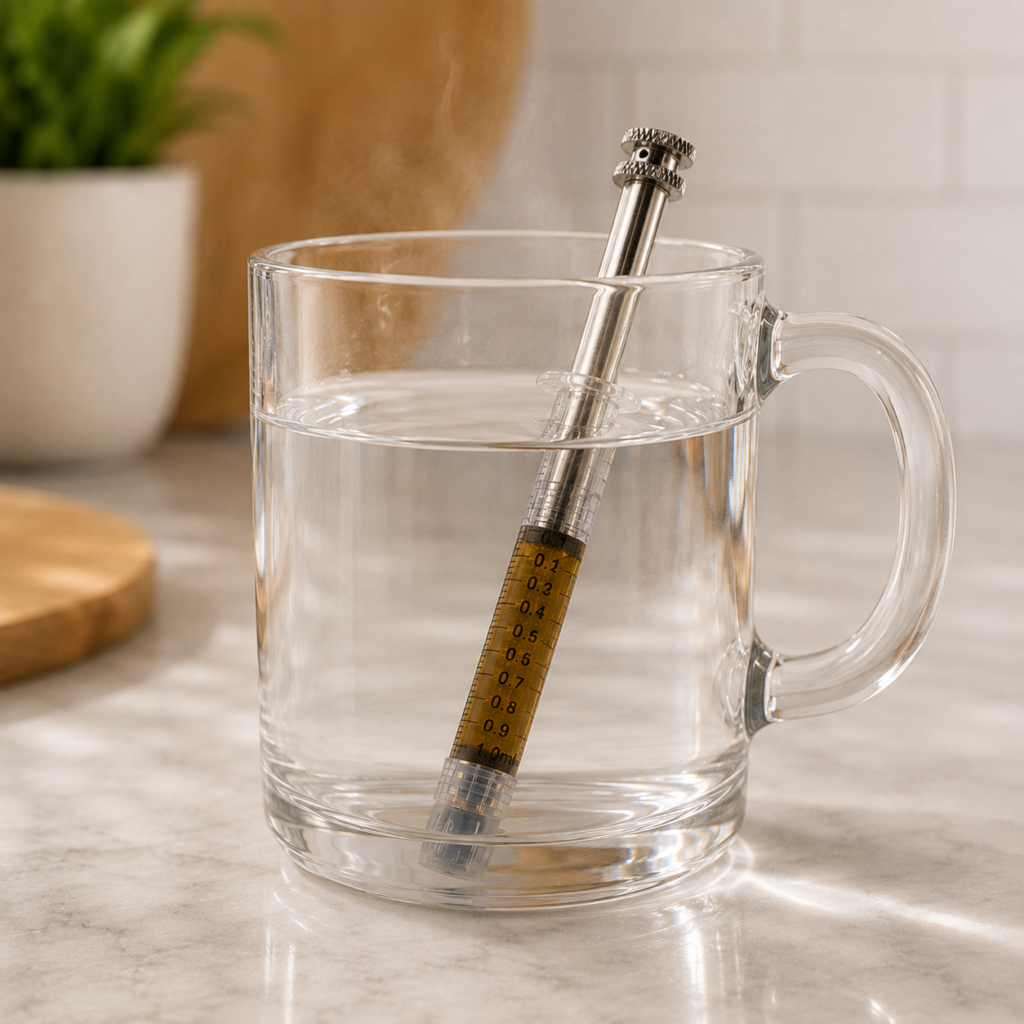 Cannabis Syringe in mug of warm water