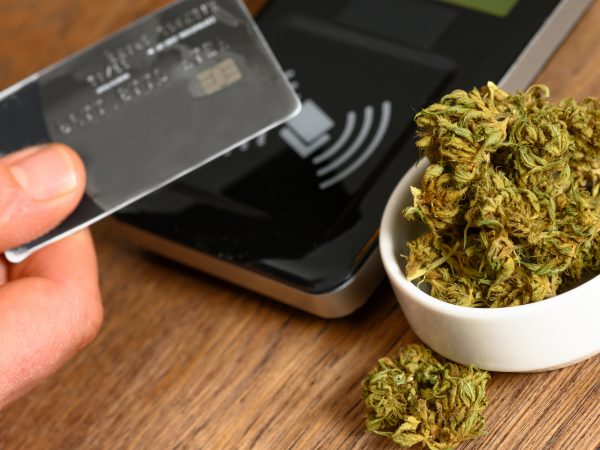 Paying by credit card for marijuana at a cannabis dispensary. Purchasing legal recreation drugs. Medical marijuana at a clinic.