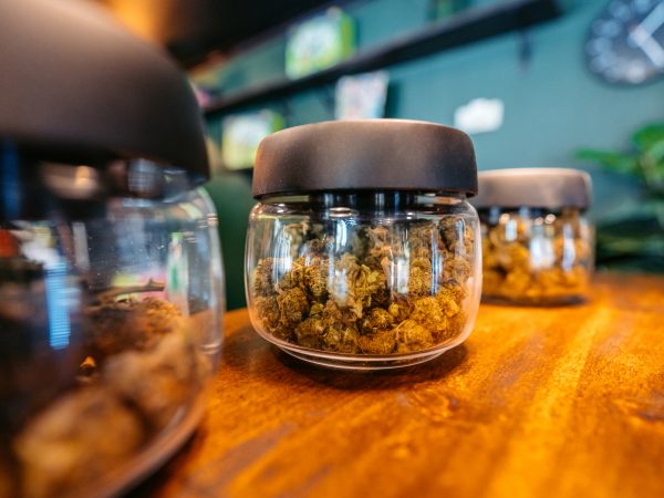 Herbal cannabis (marijuana) in a jar in a cannabis shop in Thailand.